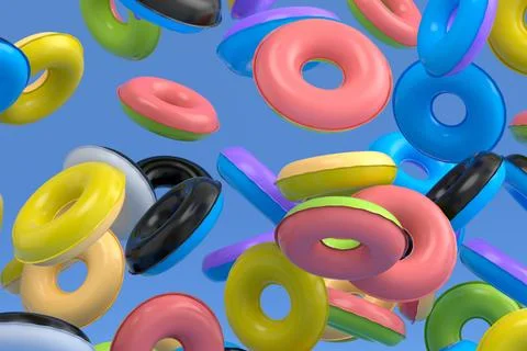 Many of flying inflatable ring for swimming pool isolated on blue background Stockillustratie