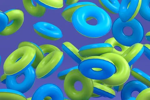 Many of flying inflatable ring for swimming pool isolated on violet backgroun Stock Illustration