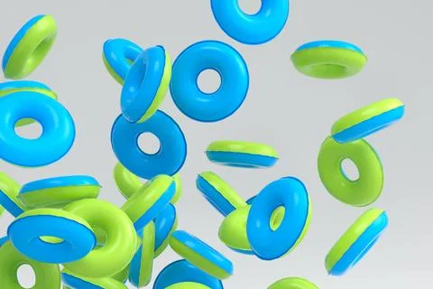 Many of flying inflatable ring for swimming pool isolated on white background Stock Illustration