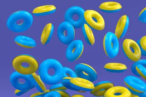 Many of flying inflatable ring for swimming pool isolated on violet backgroun Illustrazione stock