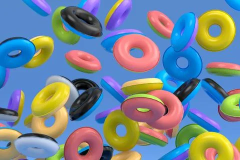 Many of flying inflatable ring for swimming pool isolated on blue background 스톡 일러스트