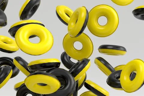 Many of flying inflatable ring for swimming pool isolated on white background Stock Illustration
