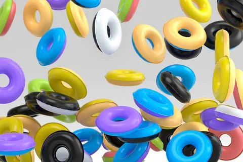 Many of flying inflatable ring for swimming pool isolated on white background 스톡 일러스트