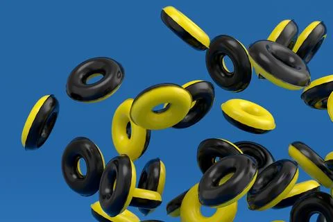 Many of flying inflatable ring for swimming pool isolated on blue background Stock Illustration