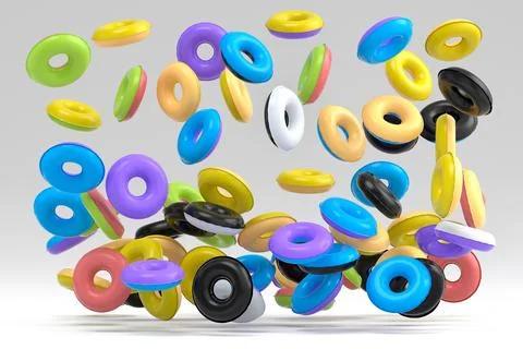 Many of flying inflatable ring for swimming pool isolated on white background Stock Illustration