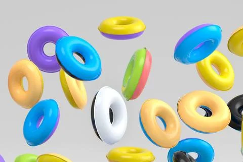 Many of flying inflatable ring for swimming pool isolated on white background Stock Illustration