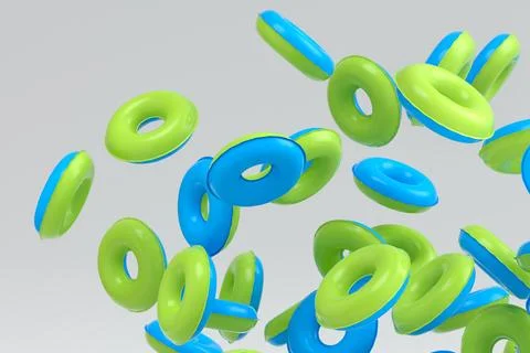 Many of flying inflatable ring for swimming pool isolated on white background 스톡 일러스트