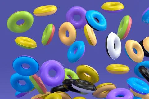 Many of flying inflatable ring for swimming pool isolated on violet backgroun Stock Illustration