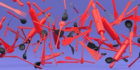 Many of flying kitchen utensils, tools and equipment on violet background. Stock Illustration