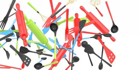Many of flying kitchen utensils, tools and equipment on white background. Illustrazione stock