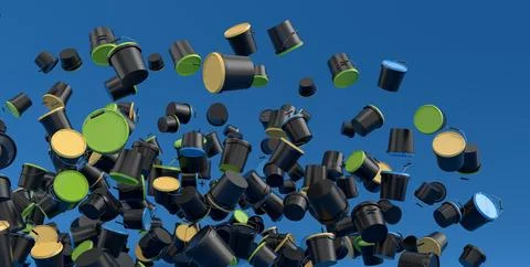 Many of flying plastic cans or buckets on blue background. Illustrazione stock