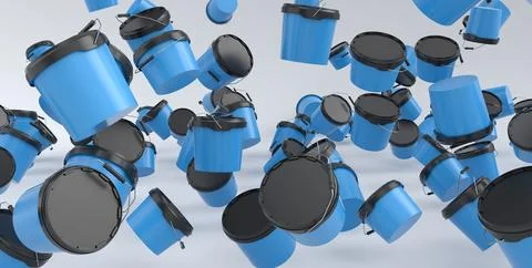 Many of flying plastic cans or buckets on white background. Stock Illustration