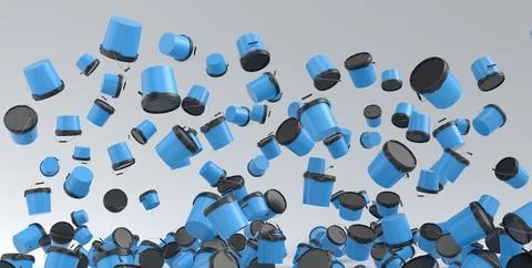 Many of flying plastic cans or buckets on white background. Stock-Illustration