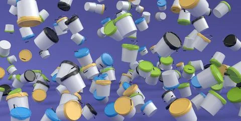 Many of flying plastic cans or buckets on violet background. Stock-Illustration