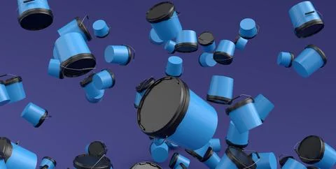 Many of flying plastic cans or buckets on violet background. Stock-Illustration