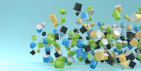Many of flying plastic cans or buckets on blue background. Illustrazione stock