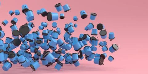 Many of flying plastic cans or buckets on pink background. Illustrazione stock