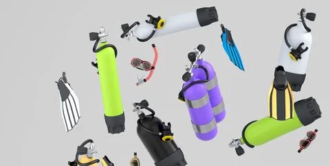 Many of flying scuba stuff like oxygen tank, flip flops and scuba mask on whi Stock Illustration