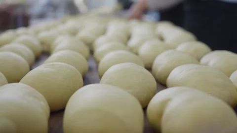 Many forms of bread made of dough lie on the bakery table. Stock Footage 313532108