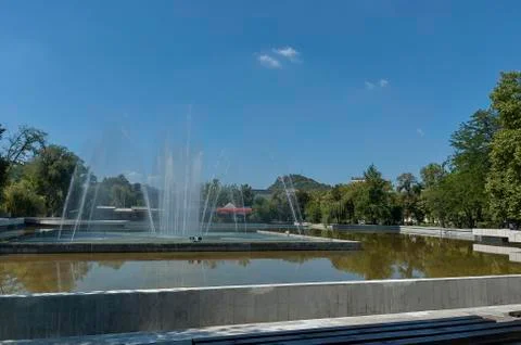 Many fountain  with different programme  in public garden Stock Photos