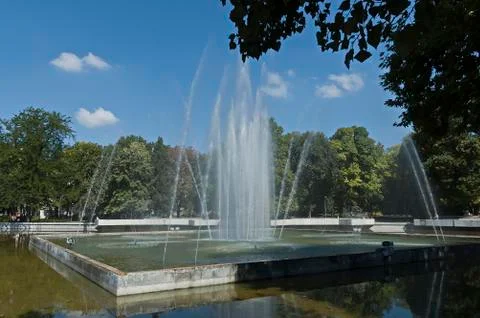 Many fountain  with different programme  in public garden Stock Photos