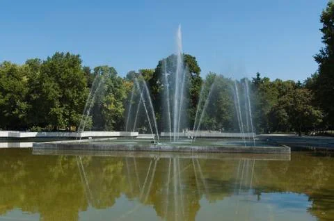 Many fountain  with different programme  in public garden Stock Photos