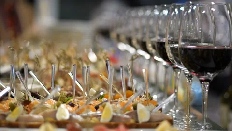 Many frames in one file. Beautiful buffet table with appetizers and wine. 4K Stock-Footage 104666587