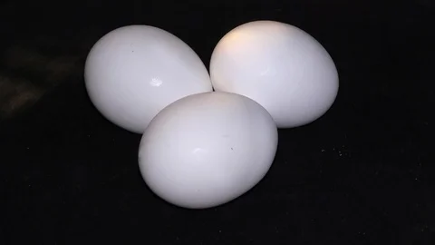Many fresh eggs doing rounds and rotating on black base. Stock Footage 111274857