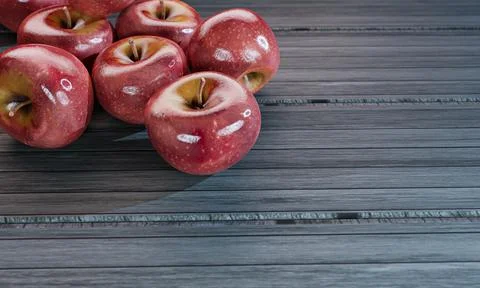 Many fresh red apples placed on a plank table. 3D Rendering. Stock Illustration