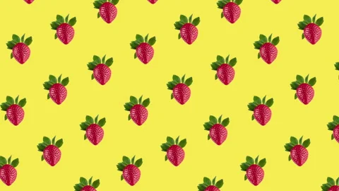 Many fresh red strawberries pattern on a yellow background Video stock 154215266