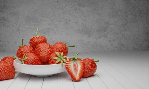 Many fresh strawberries in a white ceramic cup and on a white wooden floor. S Illustrazione stock