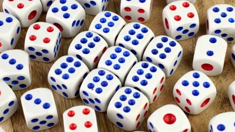 Many gambling dice cubes gamling at casino test your luck, realm of random Video stock 194247512