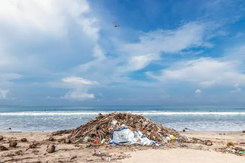 Many garbage on the beach. Kuta beach, Bali island, Indonesia. Stock Photos