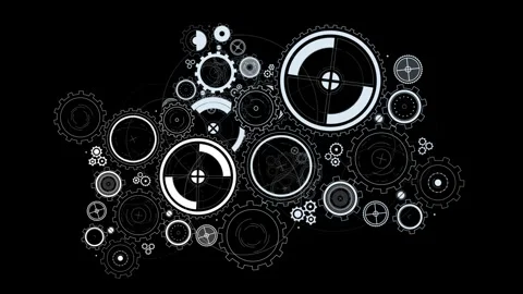 Many gears and wheels of mechanical structure rotating on black background Stock Footage 284462201