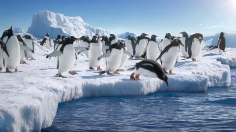 Many Gentoo penguins stand on the ice and then jump into the water. Stock Footage