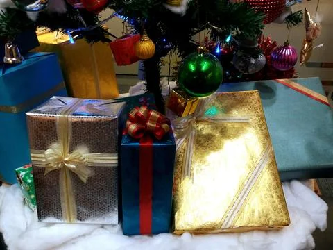 Many gift boxes are put under the Christmas and Happy New Year Stock Photos
