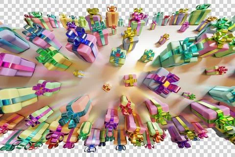 Many gift boxes with bows on top hat. Sale shopping. Illustrazione stock