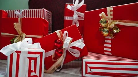 Many gift boxes, christmas decorations. New Year background Stock Footage 144105326
