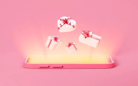 Many gift boxes flying from the smartphone. Shopping online. Valentine's Da.. Stock Illustration