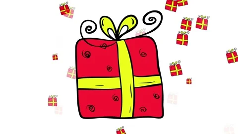 Many gift boxes with red wrapping paper and yellow fancy ribbons floating around Stock Footage 132071220