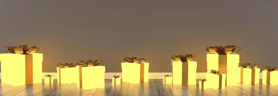 Many glowing gift boxes in an empty room, seasonal or Christmas background with Stock Illustration