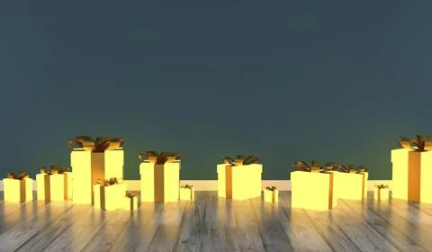Many glowing gift boxes in an empty room, seasonal or Christmas background with Illustrazione stock