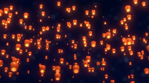 Many glowing lanterns fly in the dark night sky 3D 4K animation Stock Footage 205713557