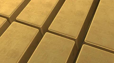 Many gold bars with camera panning across, cgi Video stock 37245576