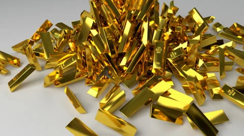 Many gold bars falling on the white plane, 3d rendering Stock Footage 64798446
