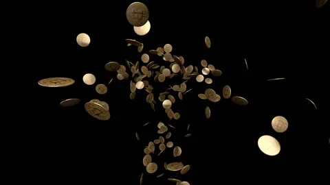 Many Gold Bitcoins Flying to Camera With Luma Matte Slow Motion Loop Stock Footage 147291328