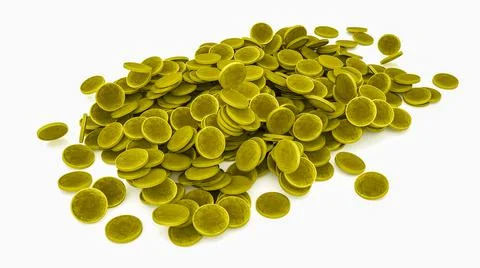 Many gold metallic three-dimensional coins on a white background. 3d render i Illustrazione stock