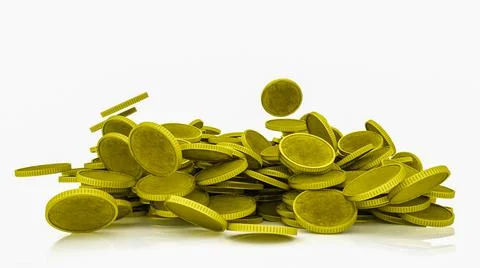 Many gold metallic three-dimensional coins on a white background. 3d render i Stock Illustration