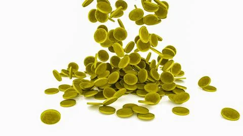 Many gold metallic three-dimensional coins on a white background. 3d render i Illustrazione stock