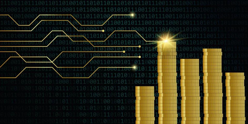 Many golden digital coins with binary code background finance concept Stockillustratie